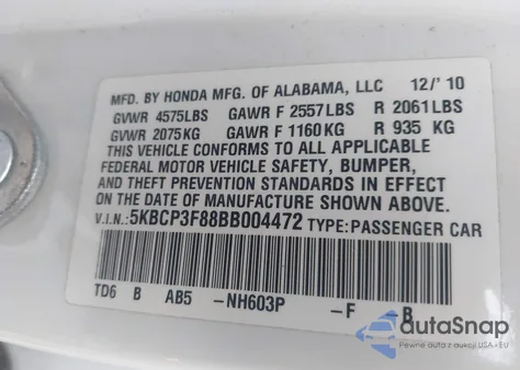 2011 Honda Accord 3.5 Ex-L from USA, damaged, VIN 5KBCP3F88BB004472
